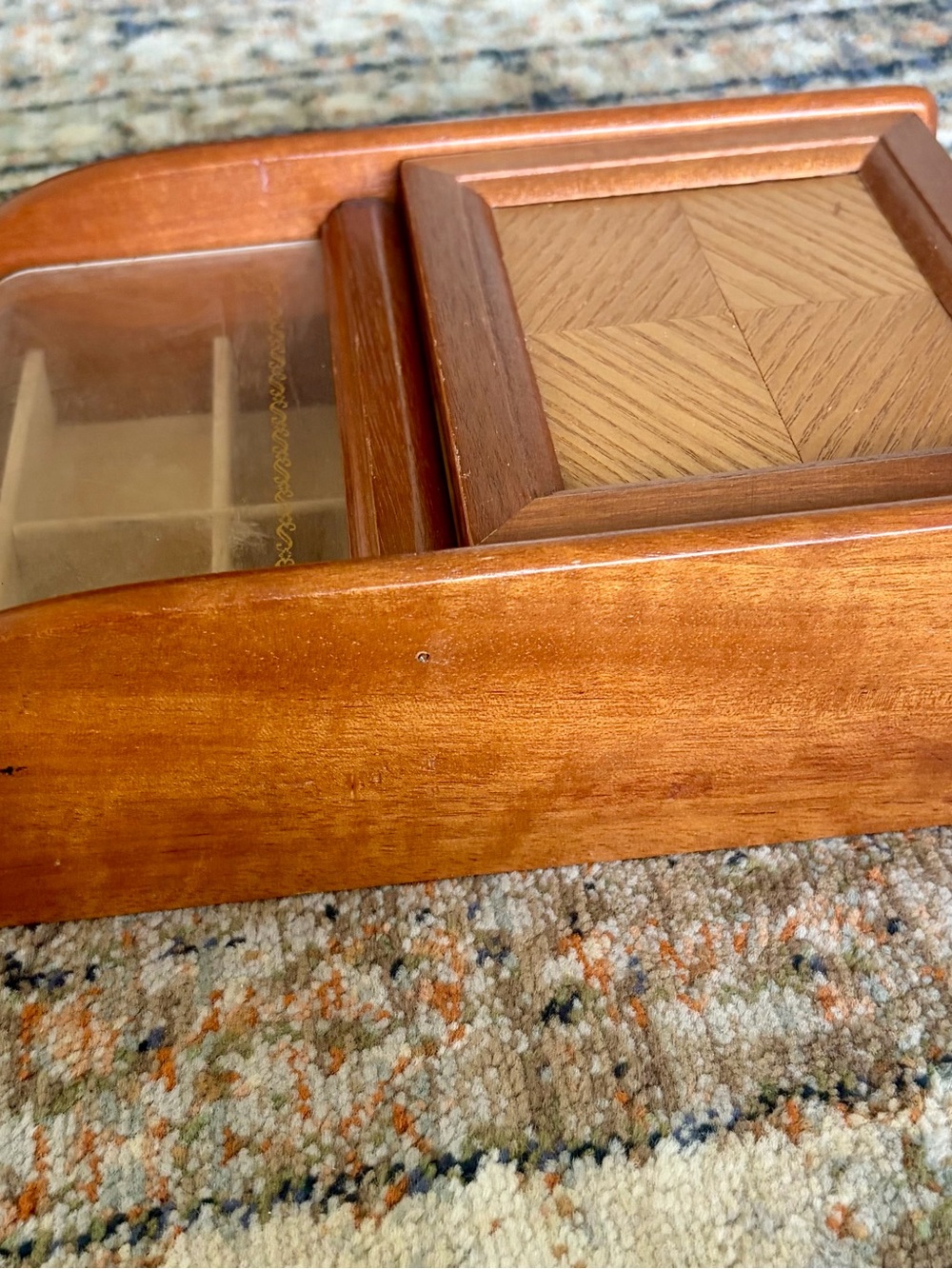Vintage London Leather Wooden Jewelry Box Dresser Valet Parquet Inlay - Picture 4 of 11